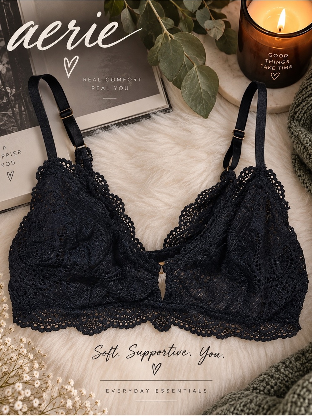 AERIE | Black Lace Bralette | Medium | Delicate Crochet Design